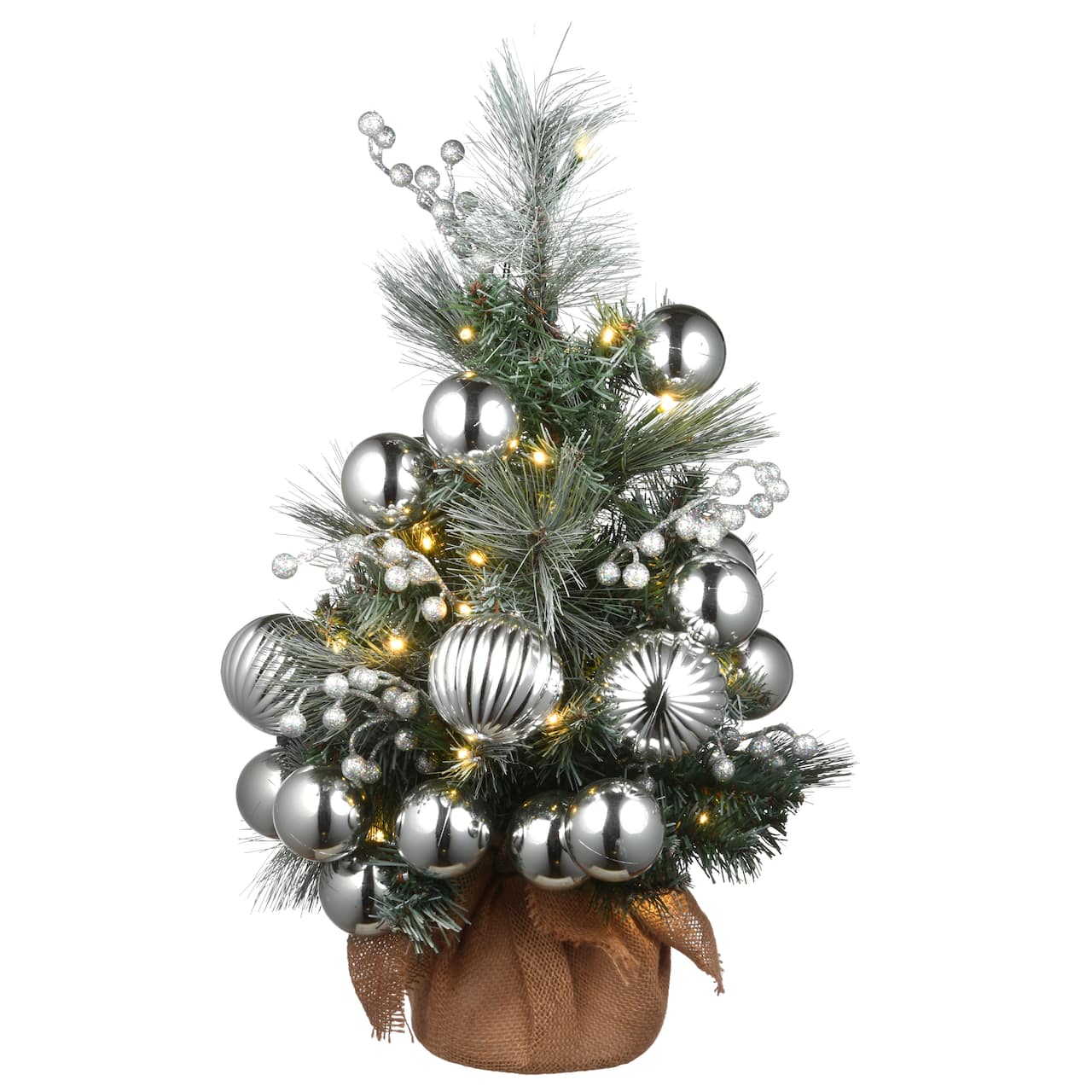 2ft. Pre-Lit Frosted Silver Pine Artificial Christmas Tree, Warm White LED Lights